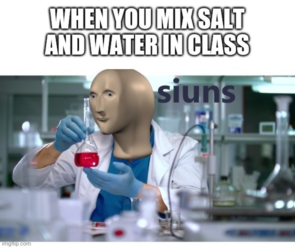 I'm a kemist | WHEN YOU MIX SALT AND WATER IN CLASS | image tagged in blank white template,meme man science | made w/ Imgflip meme maker