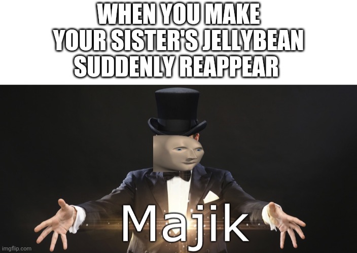 Abracadabra | WHEN YOU MAKE YOUR SISTER'S JELLYBEAN SUDDENLY REAPPEAR | image tagged in blank white template,majik | made w/ Imgflip meme maker