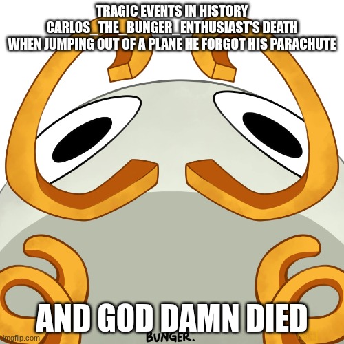 Bunger Judging you | TRAGIC EVENTS IN HISTORY
CARLOS_THE_BUNGER_ENTHUSIAST'S DEATH
WHEN JUMPING OUT OF A PLANE HE FORGOT HIS PARACHUTE; AND GOD DAMN DIED | image tagged in bunger judging you | made w/ Imgflip meme maker