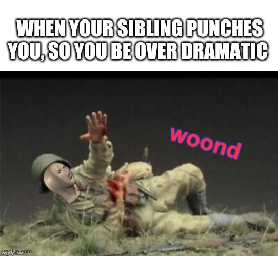 I am woondid! | WHEN YOUR SIBLING PUNCHES YOU, SO YOU BE OVER DRAMATIC | image tagged in blank white template,meme man woond | made w/ Imgflip meme maker