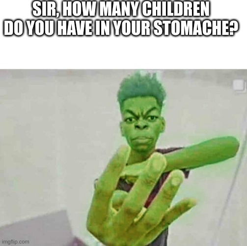 he's being honest | SIR, HOW MANY CHILDREN DO YOU HAVE IN YOUR STOMACHE? | image tagged in beast boy holding up 4 fingers,memes,oh wow are you actually reading these tags | made w/ Imgflip meme maker