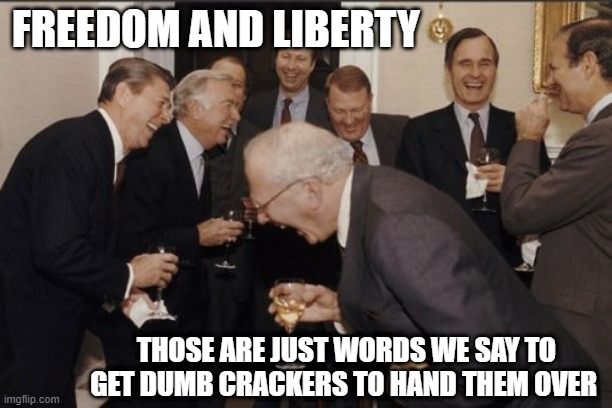 Laughing Men In Suits Meme | FREEDOM AND LIBERTY; THOSE ARE JUST WORDS WE SAY TO GET DUMB CRACKERS TO HAND THEM OVER | image tagged in memes,laughing men in suits | made w/ Imgflip meme maker