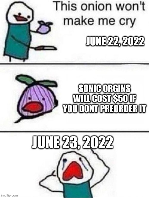 Preorder Panic | image tagged in draw 25,sonic says,ouch,this onion won't make me cry,repost | made w/ Imgflip meme maker