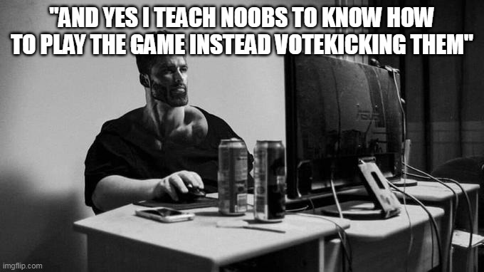 Gigachad On The Computer | "AND YES I TEACH NOOBS TO KNOW HOW TO PLAY THE GAME INSTEAD VOTEKICKING THEM" | image tagged in gigachad on the computer | made w/ Imgflip meme maker