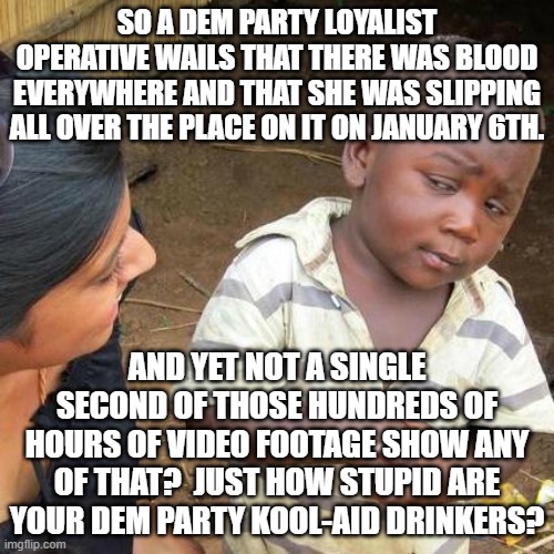 Something's fishy.  Someone want to purchase some ocean front property in Arizona? | SO A DEM PARTY LOYALIST OPERATIVE WAILS THAT THERE WAS BLOOD EVERYWHERE AND THAT SHE WAS SLIPPING ALL OVER THE PLACE ON IT ON JANUARY 6TH. AND YET NOT A SINGLE SECOND OF THOSE HUNDREDS OF HOURS OF VIDEO FOOTAGE SHOW ANY OF THAT?  JUST HOW STUPID ARE YOUR DEM PARTY KOOL-AID DRINKERS? | image tagged in third world skeptical kid | made w/ Imgflip meme maker