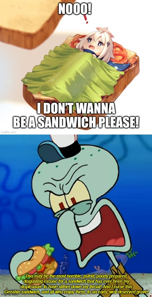 This may be the most horrible, putrid, poorly prepared, disgusting excuse for a sandwich that has ever been my displeasure to have slither down my throat! And I curse this Genshin sandwich, and all who enjoy them, to an early, well deserved grave! | made w/ Imgflip meme maker