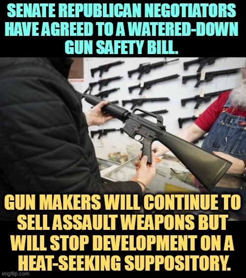 Progress | SENATE REPUBLICAN NEGOTIATORS 
HAVE AGREED TO A WATERED-DOWN 
GUN SAFETY BILL. GUN MAKERS WILL CONTINUE TO 
SELL ASSAULT WEAPONS BUT 
WILL STOP DEVELOPMENT ON A 
HEAT-SEEKING SUPPOSITORY. | image tagged in senate,republicans,gun safety,assault weapons | made w/ Imgflip meme maker