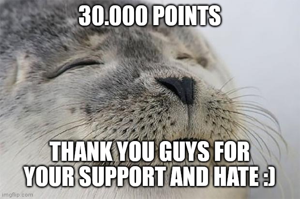Happy? Yes |  30.000 POINTS; THANK YOU GUYS FOR YOUR SUPPORT AND HATE :) | image tagged in memes,satisfied seal | made w/ Imgflip meme maker