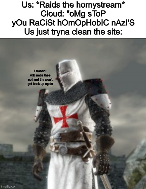 Accurate representation of every crusade we ever attempted on hornystream | Us: *Raids the hornystream*
Cloud: "oMg sToP yOu RaCiSt hOmOpHobIC nAzI'S
Us just tryna clean the site:; I swear I will smite thee so hard thy won't get back up again | image tagged in bruh crusader | made w/ Imgflip meme maker