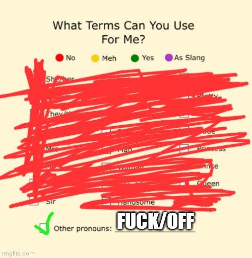 i am fuckoffgender /j | FUCK/OFF | image tagged in pronouns sheet | made w/ Imgflip meme maker
