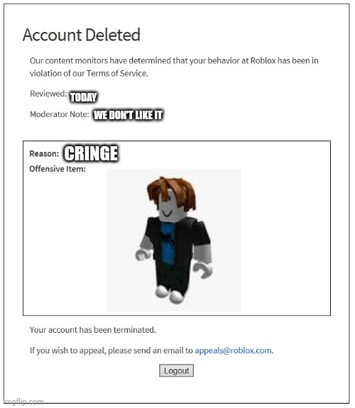 The roblox moderation must be slenders | TODAY; WE DON'T LIKE IT; CRINGE | image tagged in banned from roblox | made w/ Imgflip meme maker