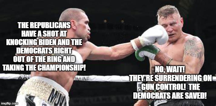 Republicans snatching defeat from the jaws of victory | THE REPUBLICANS HAVE A SHOT AT KNOCKING BIDEN AND THE DEMOCRATS RIGHT OUT OF THE RING AND TAKING THE CHAMPIONSHIP! NO, WAIT!  THEY'RE SURRENDERING ON GUN CONTROL!  THE DEMOCRATS ARE SAVED! | image tagged in republicans,gun control | made w/ Imgflip meme maker