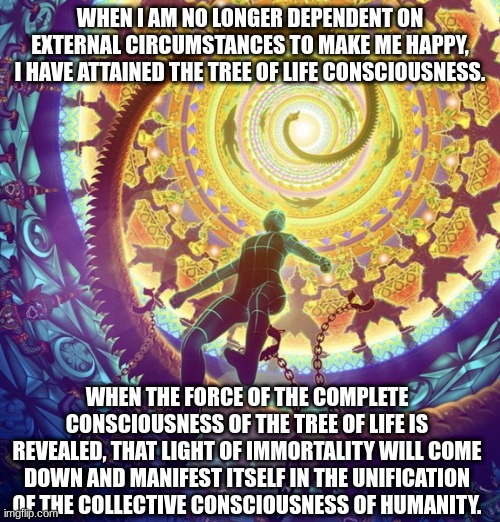 unity is consciousness | WHEN I AM NO LONGER DEPENDENT ON EXTERNAL CIRCUMSTANCES TO MAKE ME HAPPY, I HAVE ATTAINED THE TREE OF LIFE CONSCIOUSNESS. WHEN THE FORCE OF THE COMPLETE CONSCIOUSNESS OF THE TREE OF LIFE IS REVEALED, THAT LIGHT OF IMMORTALITY WILL COME DOWN AND MANIFEST ITSELF IN THE UNIFICATION OF THE COLLECTIVE CONSCIOUSNESS OF HUMANITY. | image tagged in conscious universe,just is,so be united,togetherness | made w/ Imgflip meme maker