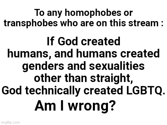 just a thought | To any homophobes or transphobes who are on this stream :; If God created humans, and humans created genders and sexualities other than straight, God technically created LGBTQ. Am I wrong? | image tagged in blank white template | made w/ Imgflip meme maker