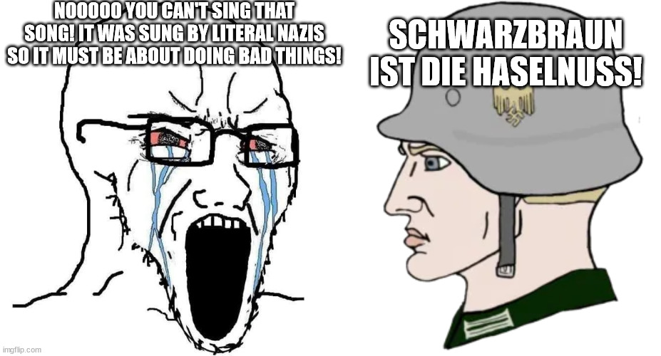 NOOOOO YOU CAN'T SING THAT SONG! IT WAS SUNG BY LITERAL NAZIS SO IT MUST BE ABOUT DOING BAD THINGS! SCHWARZBRAUN IST DIE HASELNUSS! | image tagged in crying wojak,german chad | made w/ Imgflip meme maker