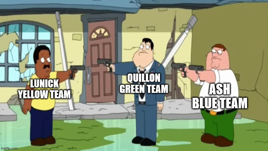 Yellow VS Green VS Blue | QUILLON
GREEN TEAM; LUNICK
YELLOW TEAM; ASH
BLUE TEAM | image tagged in cleveland vs stan vs peter,pokemon | made w/ Imgflip meme maker