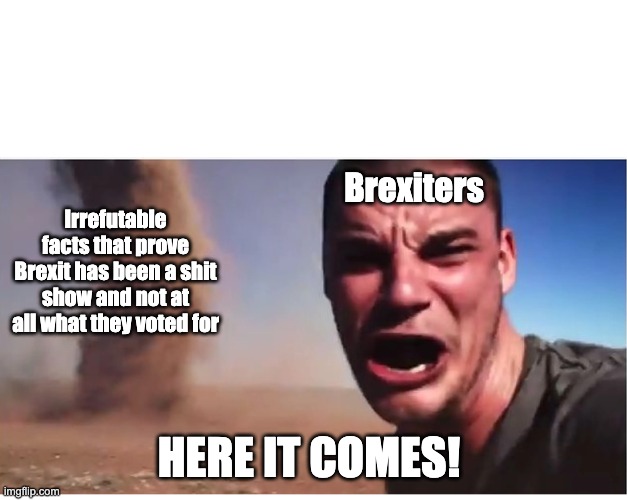Brexit | Brexiters; Irrefutable facts that prove Brexit has been a shit show and not at all what they voted for; HERE IT COMES! | image tagged in here it come meme | made w/ Imgflip meme maker