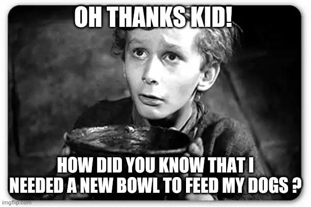 Need me a bowl for my dogs | OH THANKS KID! HOW DID YOU KNOW THAT I NEEDED A NEW BOWL TO FEED MY DOGS ? | image tagged in beggar | made w/ Imgflip meme maker