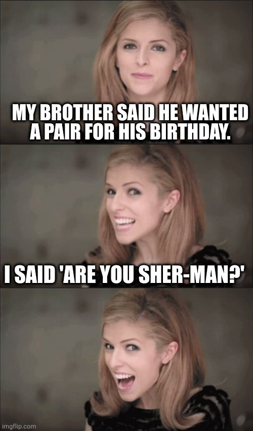Bad Pun Anna 2 | MY BROTHER SAID HE WANTED A PAIR FOR HIS BIRTHDAY. I SAID 'ARE YOU SHER-MAN?' | image tagged in bad pun anna 2 | made w/ Imgflip meme maker