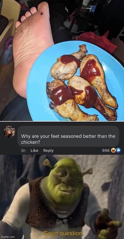 that chicken looks aight but tf is up with them toes | image tagged in shrek good question,memes,unfunny | made w/ Imgflip meme maker
