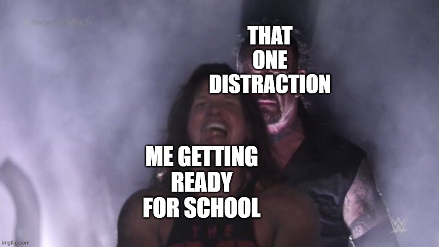 tags man | THAT ONE DISTRACTION; ME GETTING READY FOR SCHOOL | image tagged in aj styles undertaker,school,why are you reading this,never gonna give you up | made w/ Imgflip meme maker