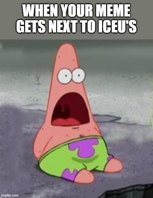 Suprised Patrick |  WHEN YOUR MEME GETS NEXT TO ICEU'S | image tagged in suprised patrick,iceu,memes,meme,funny memes | made w/ Imgflip meme maker