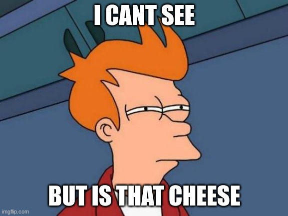 CHEESE | I CANT SEE; BUT IS THAT CHEESE | image tagged in memes,futurama fry | made w/ Imgflip meme maker