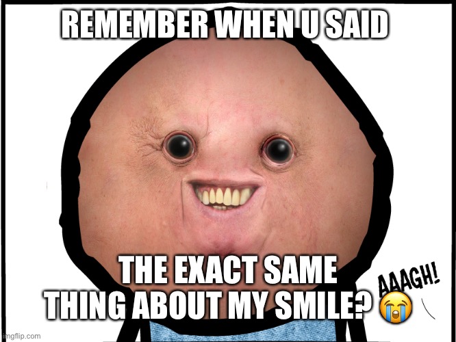 Creepy Smile | REMEMBER WHEN U SAID; THE EXACT SAME THING ABOUT MY SMILE? 😭 | image tagged in creepy smile | made w/ Imgflip meme maker
