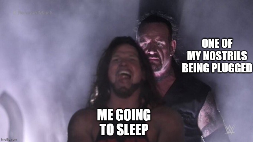 free epic fig roll | ONE OF MY NOSTRILS BEING PLUGGED; ME GOING TO SLEEP | image tagged in aj styles undertaker | made w/ Imgflip meme maker