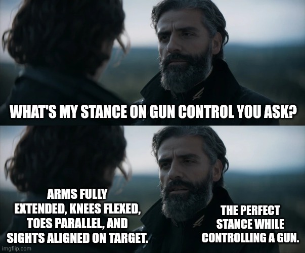 That's my stance. | WHAT'S MY STANCE ON GUN CONTROL YOU ASK? ARMS FULLY EXTENDED, KNEES FLEXED, TOES PARALLEL, AND SIGHTS ALIGNED ON TARGET. THE PERFECT STANCE WHILE CONTROLLING A GUN. | image tagged in memes | made w/ Imgflip meme maker