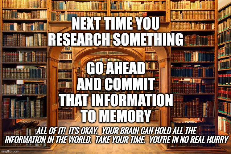 All The Information In The World Is In Your Hand.  All You Have To Do Is Read It | GO AHEAD AND COMMIT THAT INFORMATION TO MEMORY; NEXT TIME YOU RESEARCH SOMETHING; ALL OF IT!  IT'S OKAY.  YOUR BRAIN CAN HOLD ALL THE INFORMATION IN THE WORLD.  TAKE YOUR TIME.  YOU'RE IN NO REAL HURRY | image tagged in library,reading,learning,knowledge is power,knowledge,input | made w/ Imgflip meme maker