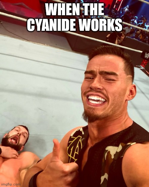 Theory selfie | WHEN THE CYANIDE WORKS | image tagged in theory selfie,wwe,selfie | made w/ Imgflip meme maker