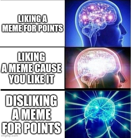 Expanding brain 3 panels | LIKING A MEME FOR POINTS LIKING A MEME CAUSE YOU LIKE IT DISLIKING A MEME FOR POINTS | image tagged in expanding brain 3 panels | made w/ Imgflip meme maker