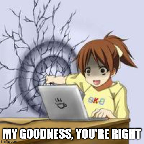 Anime wall punch | MY GOODNESS, YOU'RE RIGHT | image tagged in anime wall punch | made w/ Imgflip meme maker