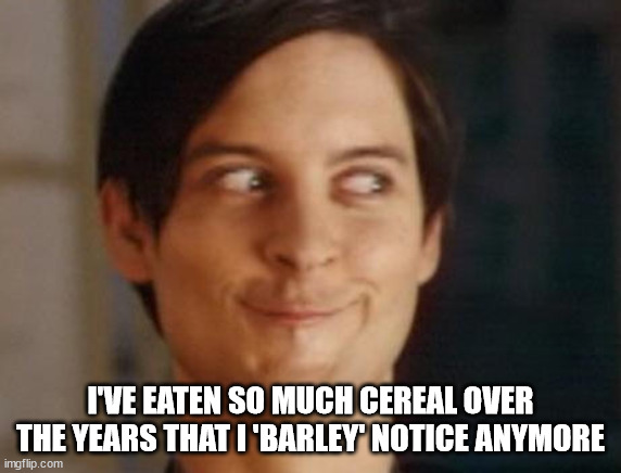 Spiderman Peter Parker Meme | I'VE EATEN SO MUCH CEREAL OVER THE YEARS THAT I 'BARLEY' NOTICE ANYMORE | image tagged in memes,spiderman peter parker | made w/ Imgflip meme maker