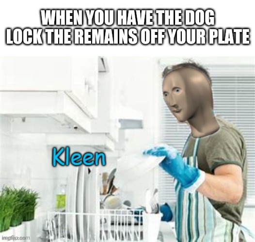 Kleen and shoiny | WHEN YOU HAVE THE DOG LOCK THE REMAINS OFF YOUR PLATE | image tagged in blank white template,stonks kleen | made w/ Imgflip meme maker