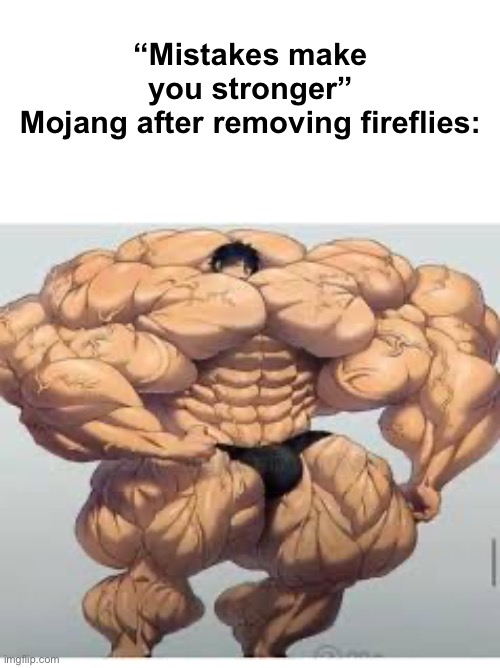 Mistakes make you stronger | “Mistakes make you stronger”
Mojang after removing fireflies: | image tagged in mistakes make you stronger | made w/ Imgflip meme maker