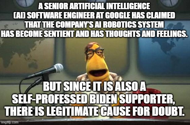 Yep . . . definitely legitimate cause for doubt. | A SENIOR ARTIFICIAL INTELLIGENCE (AI) SOFTWARE ENGINEER AT GOOGLE HAS CLAIMED THAT THE COMPANY’S AI ROBOTICS SYSTEM HAS BECOME SENTIENT AND HAS THOUGHTS AND FEELINGS. BUT SINCE IT IS ALSO A SELF-PROFESSED BIDEN SUPPORTER,  THERE IS LEGITIMATE CAUSE FOR DOUBT. | image tagged in muppet news flash | made w/ Imgflip meme maker