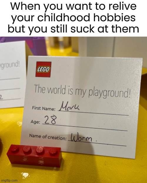 I Can Relate.......*cries* | When you want to relive your childhood hobbies but you still suck at them | image tagged in lego,childhood,worm | made w/ Imgflip meme maker