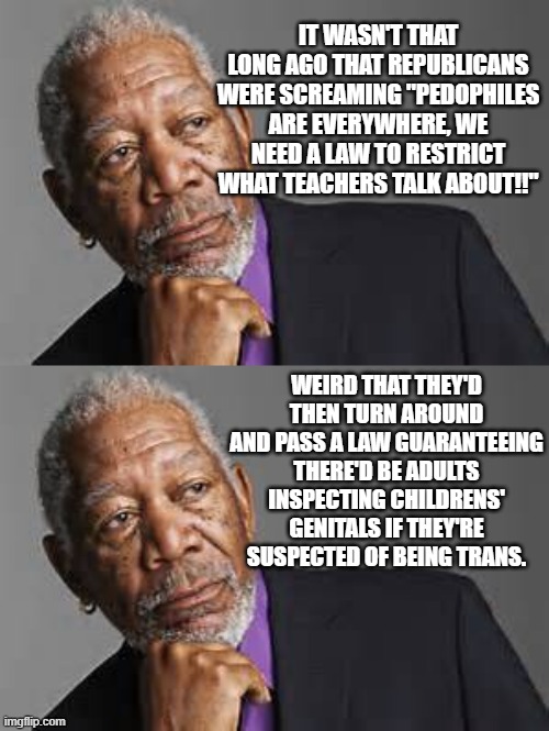 IT WASN'T THAT LONG AGO THAT REPUBLICANS WERE SCREAMING "PEDOPHILES ARE EVERYWHERE, WE NEED A LAW TO RESTRICT WHAT TEACHERS TALK ABOUT!!"; WEIRD THAT THEY'D THEN TURN AROUND AND PASS A LAW GUARANTEEING THERE'D BE ADULTS INSPECTING CHILDRENS' GENITALS IF THEY'RE SUSPECTED OF BEING TRANS. | image tagged in deep thoughts by morgan freeman | made w/ Imgflip meme maker