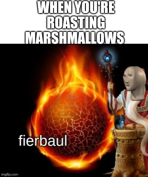 Burn baby burn | WHEN YOU'RE ROASTING MARSHMALLOWS | image tagged in blank white template,fierbaul | made w/ Imgflip meme maker
