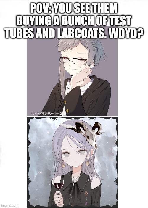 No ERP, Joke, Bambi, Military, Romance is allowed. | POV: YOU SEE THEM BUYING A BUNCH OF TEST TUBES AND LABCOATS. WDYD? | made w/ Imgflip meme maker
