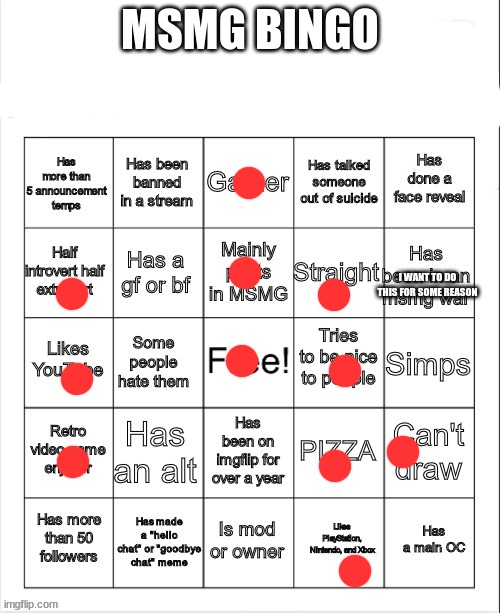 i dont have much | MSMG BINGO; I WANT TO DO THIS FOR SOME REASON | image tagged in msmg bingo by poke | made w/ Imgflip meme maker