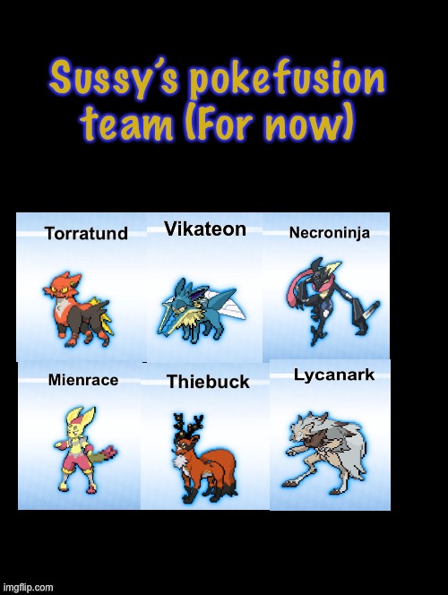 My fusion team! (I might change some later on, also if you want to you may guess the fusions in the comments!) | Sussy’s pokefusion team (For now) | image tagged in double long black template,pokemon,fusion | made w/ Imgflip meme maker