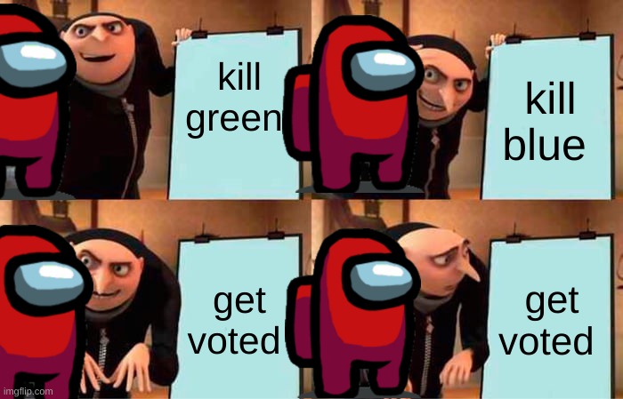 amuongus reds plan | kill green; kill blue; get voted; get voted | image tagged in memes,gru's plan | made w/ Imgflip meme maker