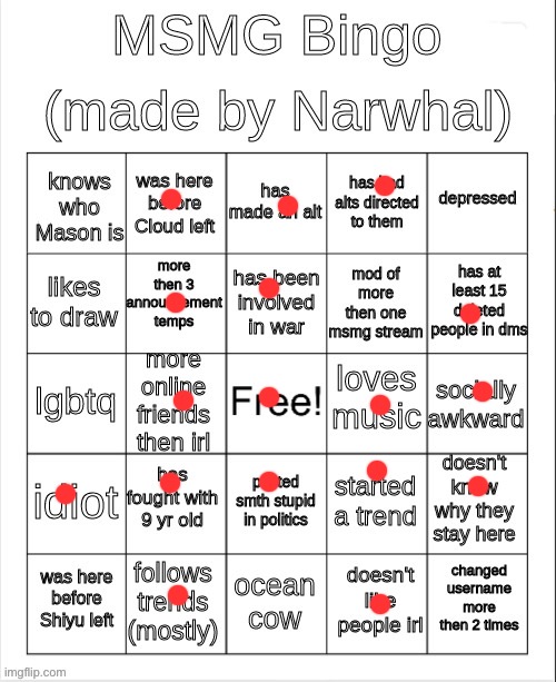 msmg bingo | image tagged in msmg bingo | made w/ Imgflip meme maker