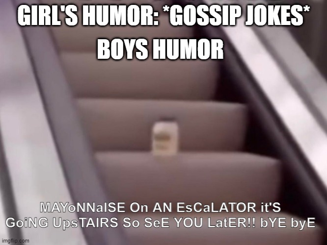 I'm not sexist, I'm an idiot! |  BOYS HUMOR; GIRL'S HUMOR: *GOSSIP JOKES*; MAYoNNaISE On AN EsCaLATOR it'S GoiNG UpsTAIRS So SeE YOU LatER!! bYE byE | image tagged in mayonnaise on an escalator,girls vs boys,stupid humor,why are you reading the tags | made w/ Imgflip meme maker