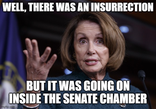 Good old Nancy Pelosi | WELL, THERE WAS AN INSURRECTION BUT IT WAS GOING ON INSIDE THE SENATE CHAMBER | image tagged in good old nancy pelosi | made w/ Imgflip meme maker