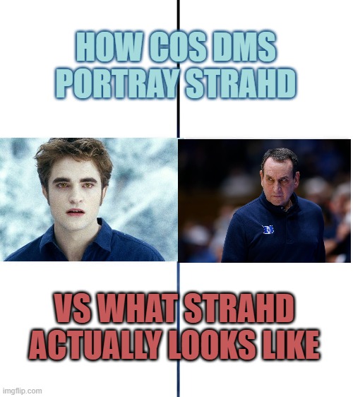 Large side by side template | HOW COS DMS PORTRAY STRAHD; VS WHAT STRAHD ACTUALLY LOOKS LIKE | image tagged in large side by side template | made w/ Imgflip meme maker
