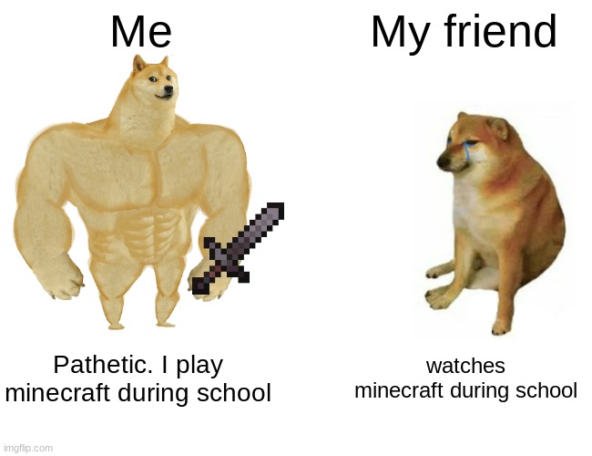 Pathetic | Me; My friend; Pathetic. I play minecraft during school; watches minecraft during school | image tagged in memes,buff doge vs cheems,minecraft | made w/ Imgflip meme maker